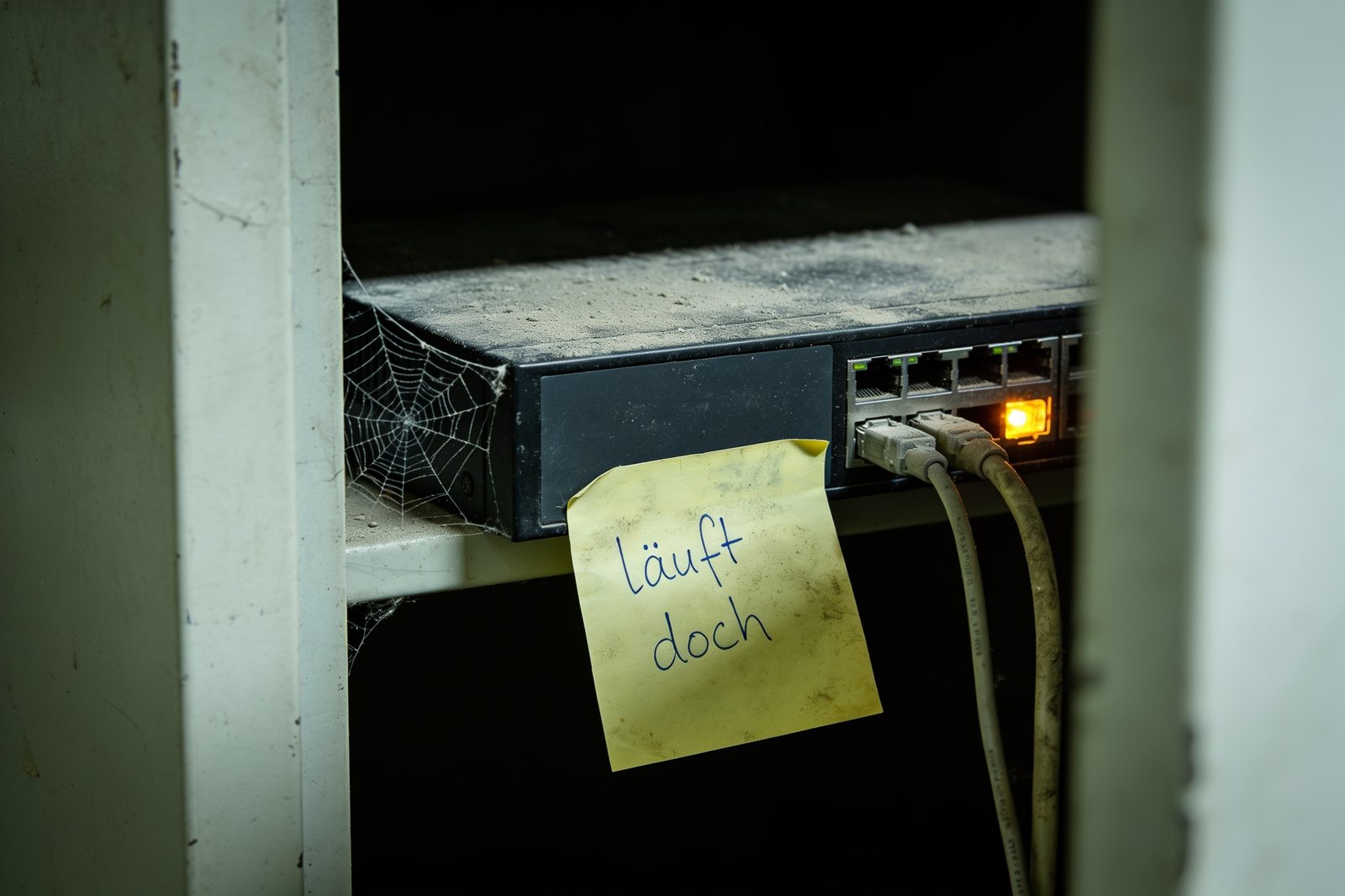 Verstaubte Firewall in einem Wandschrank, mit Spinnwebe und einem vergilbten Klebezettel