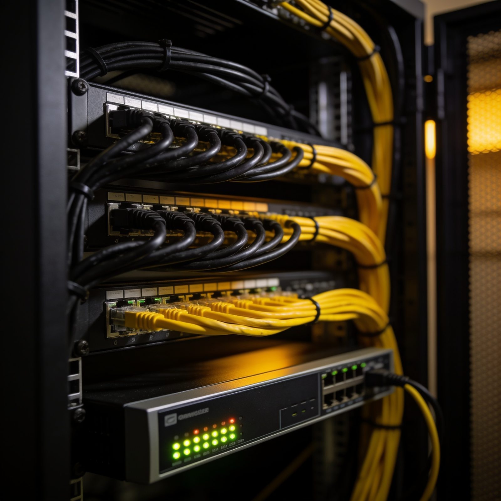 Sauber verkabelter Serverschrank mit Patchpanel und Switch
