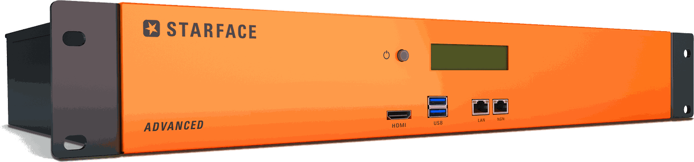 Starface Advanced, ein orangefarbenes Rackgerät mit zwei Höheneinheiten