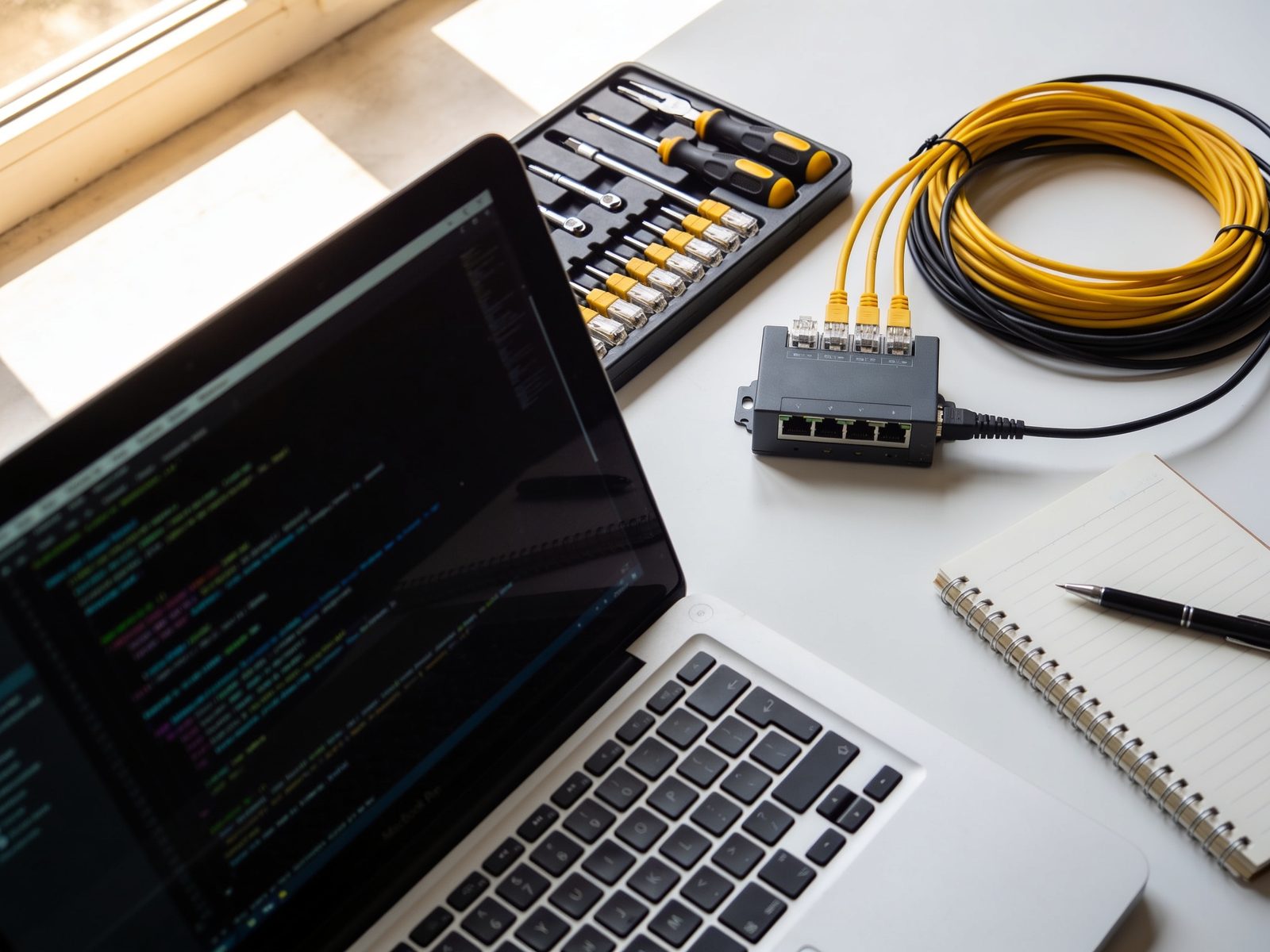 Technikerarbeitsplatz mit Laptop, Werkzeug, Switch und Patchkabeln