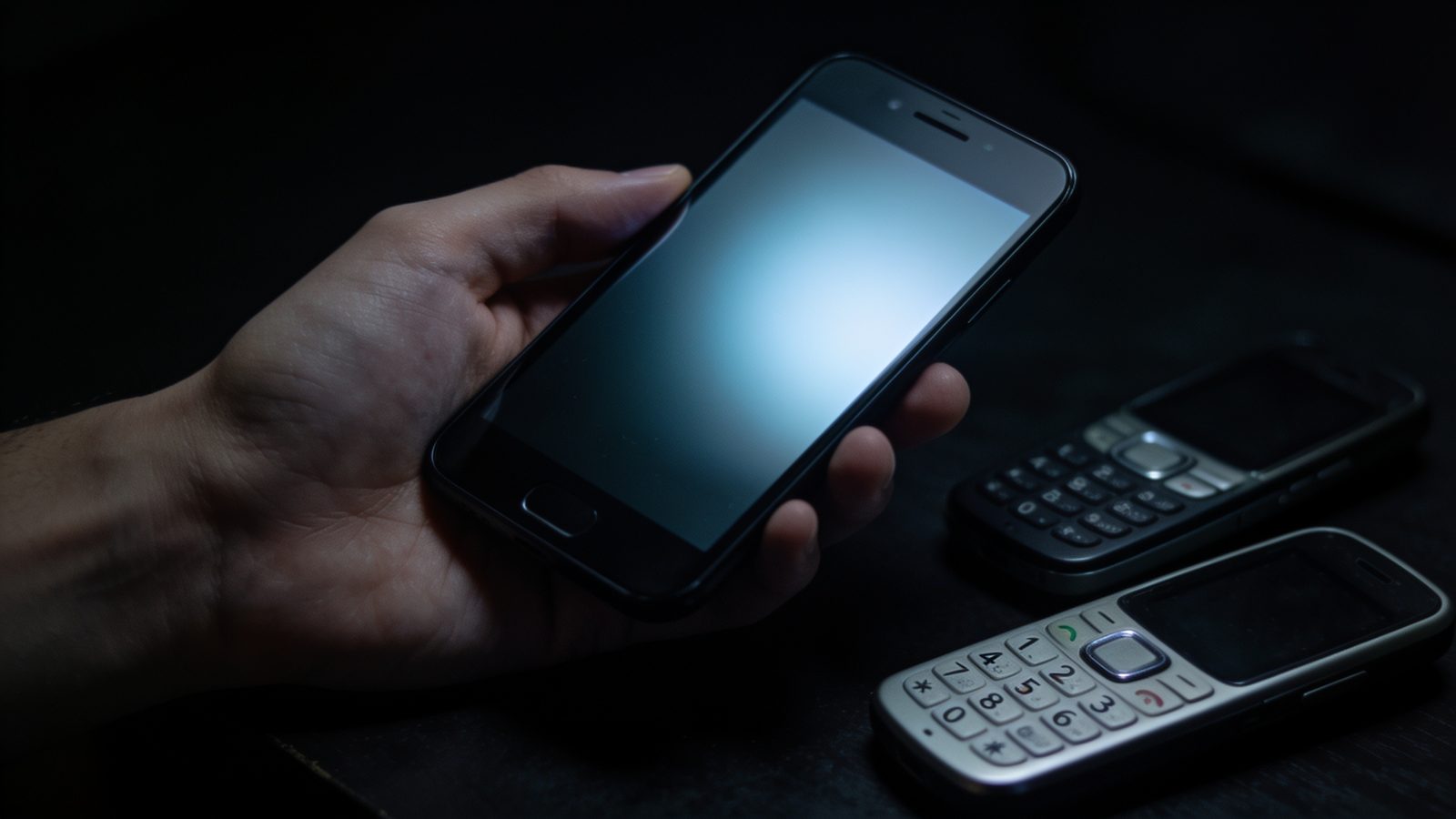 Hand mit einem schwarzen Touchscreen-Telefon, daneben zwei alte Tastentelefone
