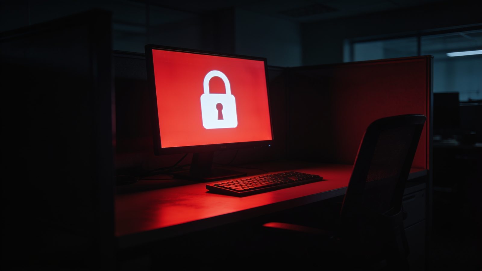 Dunkles Büro, ein Bildschirm leuchtet rot mit einem Schlosssymbol