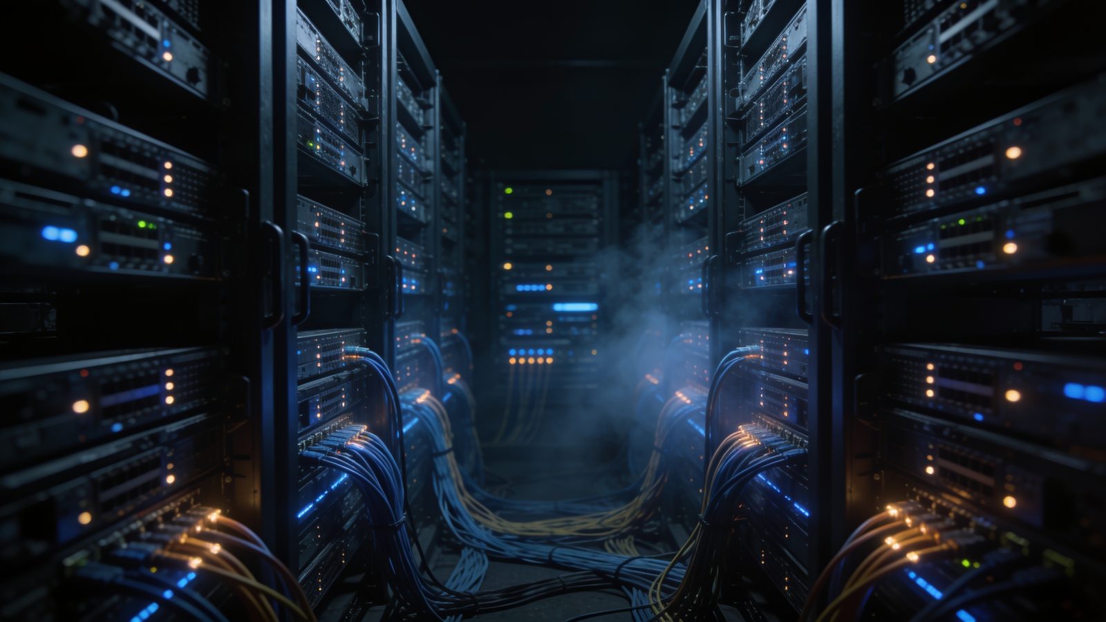 Blick durch einen Gang zwischen zwei Serverschränken im Rechenzentrum