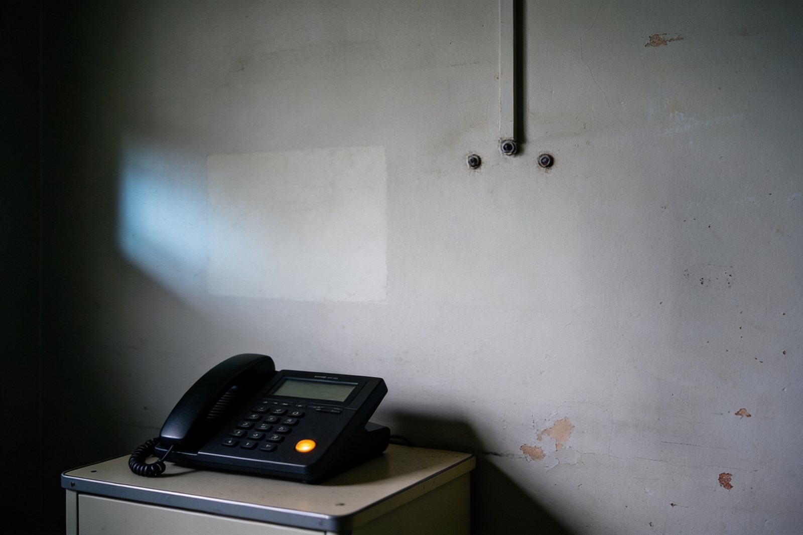 Dieselbe Wand ohne Stempeluhr, davor ein Telefon mit leuchtender Taste